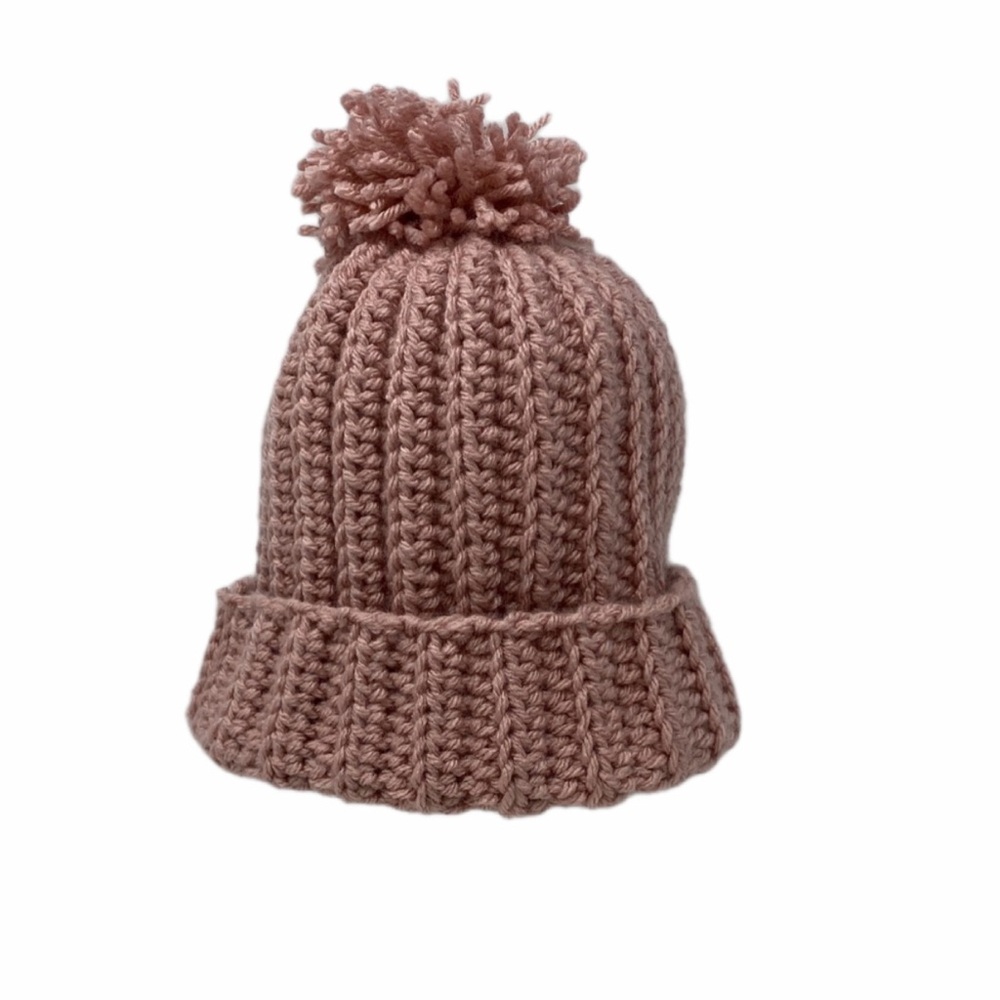Handmade Cozy Pink Crocheted Pom-Pom Beanie for Kids